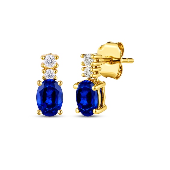KAY Lab-Grown Diamonds & Oval-Cut Blue Lab-Created Sapphire Drop Earrings 1/10 ct tw 10K Yellow Gold
