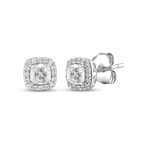 Cushion-Cut White Lab-Created Sapphire Halo Stud Earrings Sterling Silver