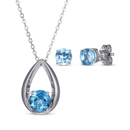 Round-Cut Swiss Blue Topaz Necklace & Stud Earrings Gift Set Sterling Silver 18"