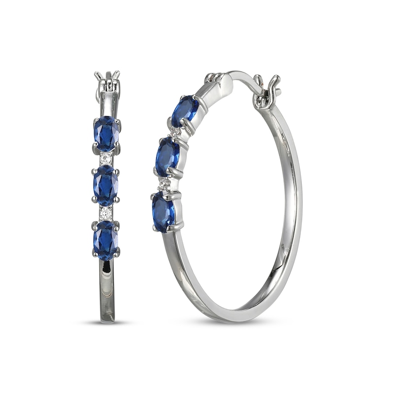 Main Image 1 of Oval-Cut Blue Lab-Created Sapphire & White Lab-Created Sapphire Hoop Earrings Sterling Silver