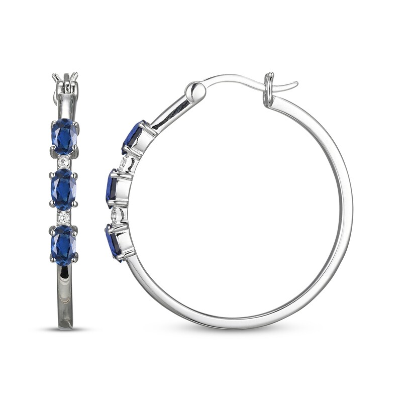 Main Image 3 of Oval-Cut Blue Lab-Created Sapphire & White Lab-Created Sapphire Hoop Earrings Sterling Silver
