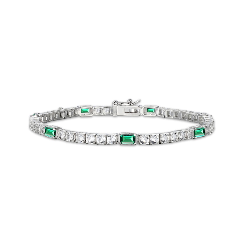 Main Image 1 of Emerald-Cut Lab-Created Emerald & White Lab-Created Sapphire Station Bracelet Sterling Silver 7.25"