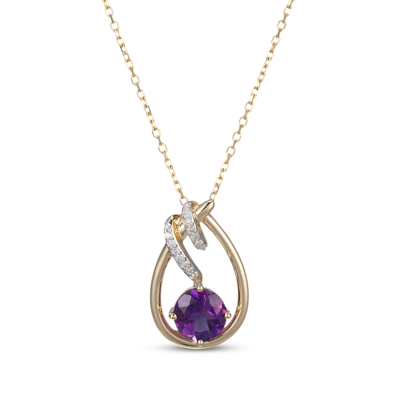Main Image 1 of Amethyst & Diamond Teardrop Ribbon Necklace 1/15 ct tw 10K Yellow Gold 18"
