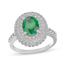 Oval-Cut Lab-Created Emerald & White Lab-Created Sapphire Triple Halo Ring Sterling Silver
