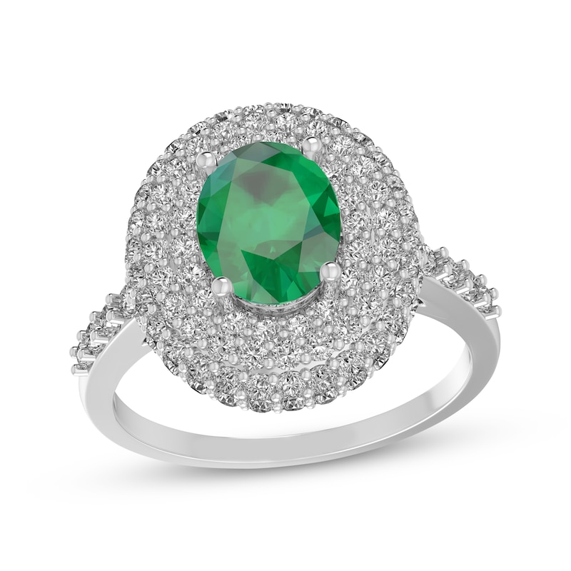 Main Image 1 of Oval-Cut Lab-Created Emerald & White Lab-Created Sapphire Triple Halo Ring Sterling Silver