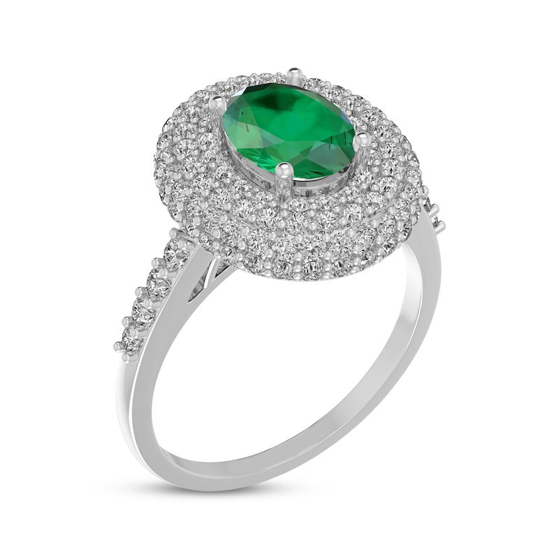 Main Image 2 of Oval-Cut Lab-Created Emerald & White Lab-Created Sapphire Triple Halo Ring Sterling Silver