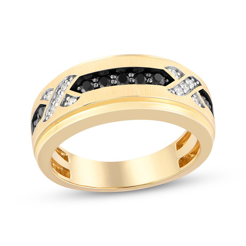 Main Image 1 of Adore Men's Black & White Diamond "X" Wedding Band 1/3 ct tw 10K Yellow Gold