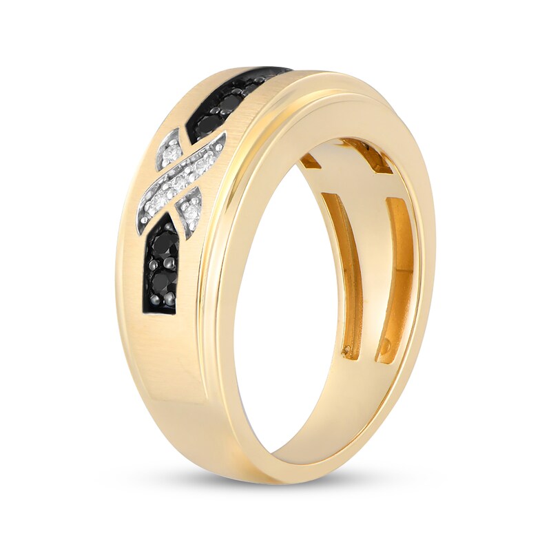 Main Image 2 of Adore Men's Black & White Diamond "X" Wedding Band 1/3 ct tw 10K Yellow Gold