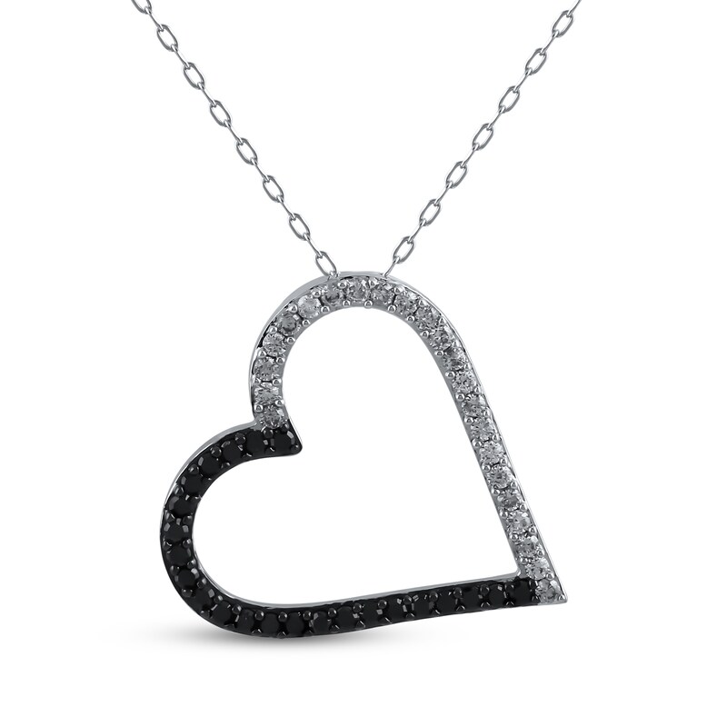 Main Image 1 of Black & White Diamond Tilted Heart Necklace 1/2 ct tw Sterling Silver 18"