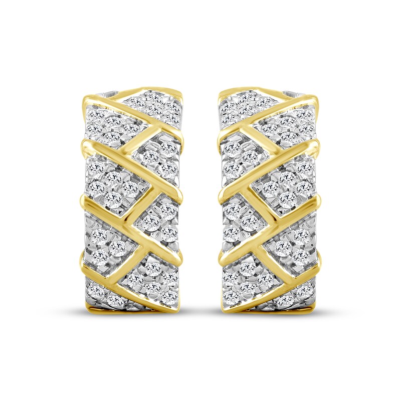 Main Image 2 of Men's Diamond Block Pattern Huggie Hoop Earrings 1/2 ct tw 10K Yellow Gold
