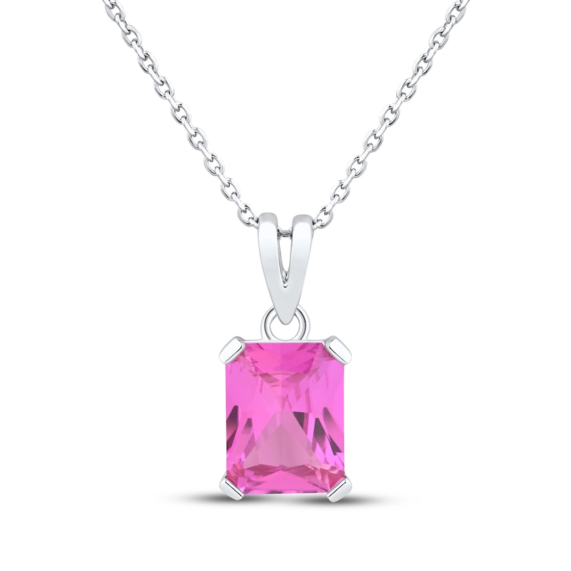 Main Image 1 of Emerald-Cut Pink Lab-Created Sapphire Solitaire Necklace Sterling Silver 18"