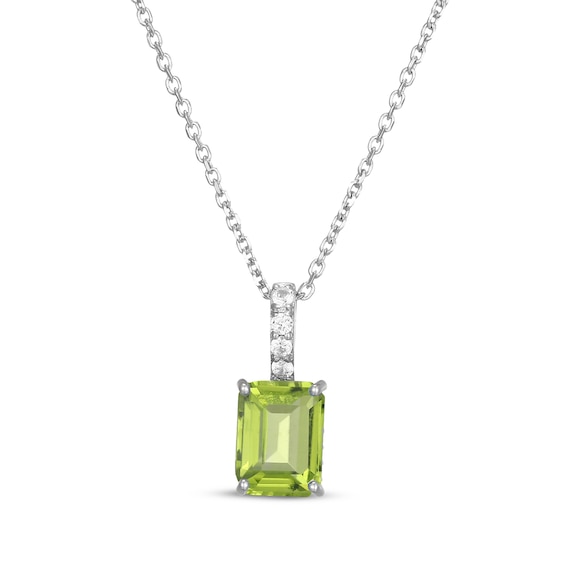 Emerald-Cut Peridot & White Lab-Created Sapphire Hidden Halo Necklace Sterling Silver 18"