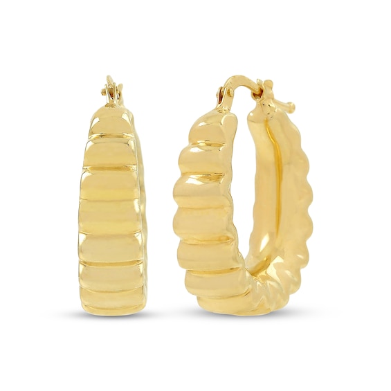 Ribbed Tapered Hoop Earrings Hollow 14K Yellow Gold