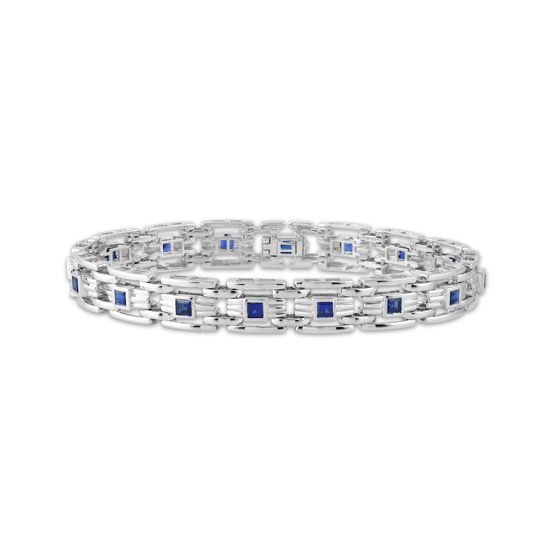 Main Image 1 of Men's Square-Cut Blue Lab-Created Sapphire Link Bracelet Sterling Silver 8.5"
