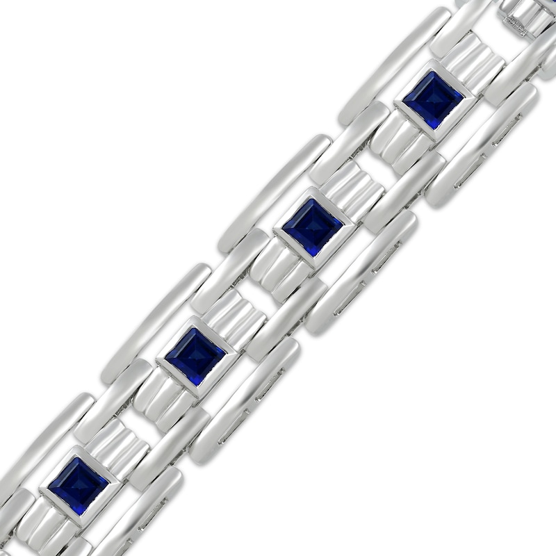 Main Image 2 of Men's Square-Cut Blue Lab-Created Sapphire Link Bracelet Sterling Silver 8.5"