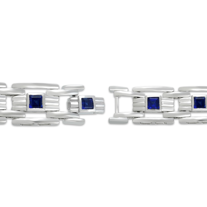 Main Image 3 of Men's Square-Cut Blue Lab-Created Sapphire Link Bracelet Sterling Silver 8.5"
