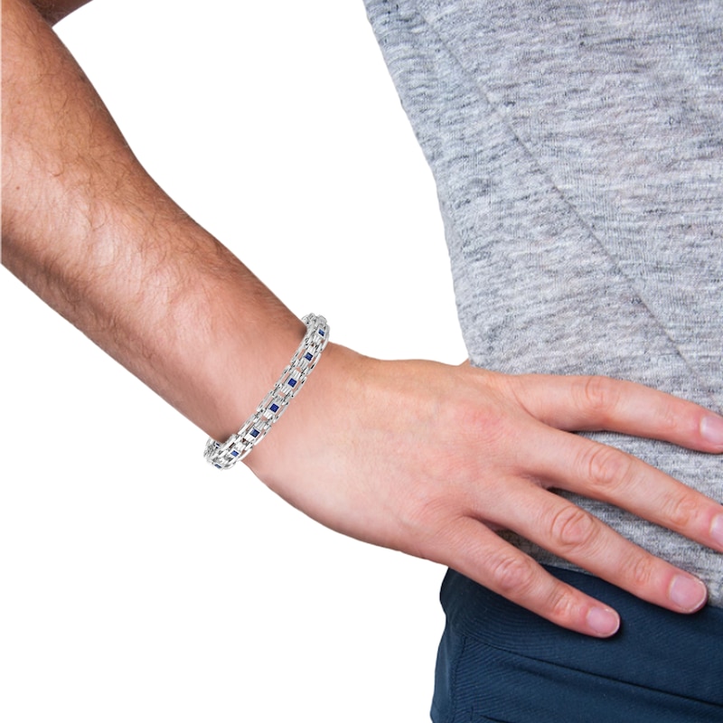 Main Image 4 of Men's Square-Cut Blue Lab-Created Sapphire Link Bracelet Sterling Silver 8.5"