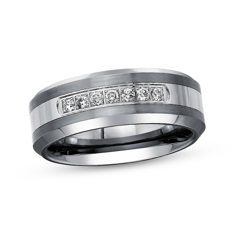 Main Image 1 of Adore Men's Diamond Satin-Finish Wedding Band 1/5 ct tw Tungsten Carbide