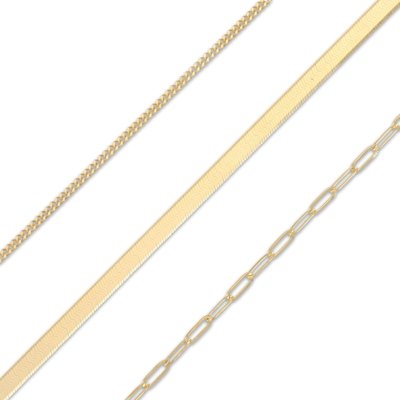 Main Image 2 of Curb, Herringbone & Paperclip Link Chain Bracelet Set Solid 10K Yellow Gold 7.5"