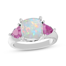 Cushion-Cut White Lab-Created Opal & Pink Lab-Created Sapphire Ring Sterling Silver