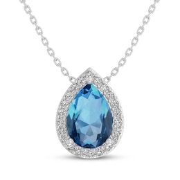 Pear-Shaped Swiss Blue Topaz & White Lab-Created Sapphire Halo Necklace Sterling Silver 18"