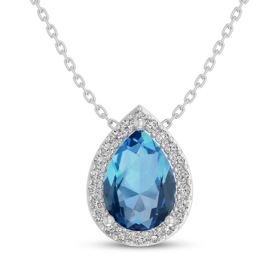 Pear-Shaped Swiss Blue Topaz & White Lab-Created Sapphire Halo Necklace Sterling Silver 18"