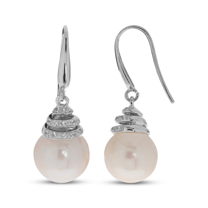 Main Image 1 of Cultured Pearl & White Lab-Created Sapphire Drop Earrings Sterling Silver