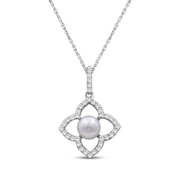 Cultured Pearl & White Lab-Created Sapphire Flower Frame Necklace Sterling Silver 18"