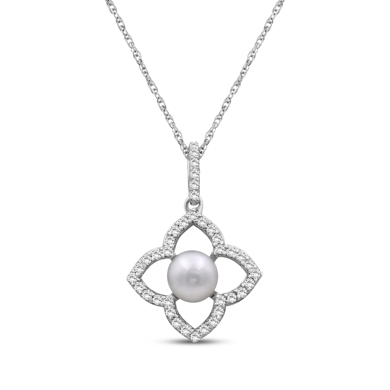 Main Image 1 of Cultured Pearl & White Lab-Created Sapphire Flower Frame Necklace Sterling Silver 18"