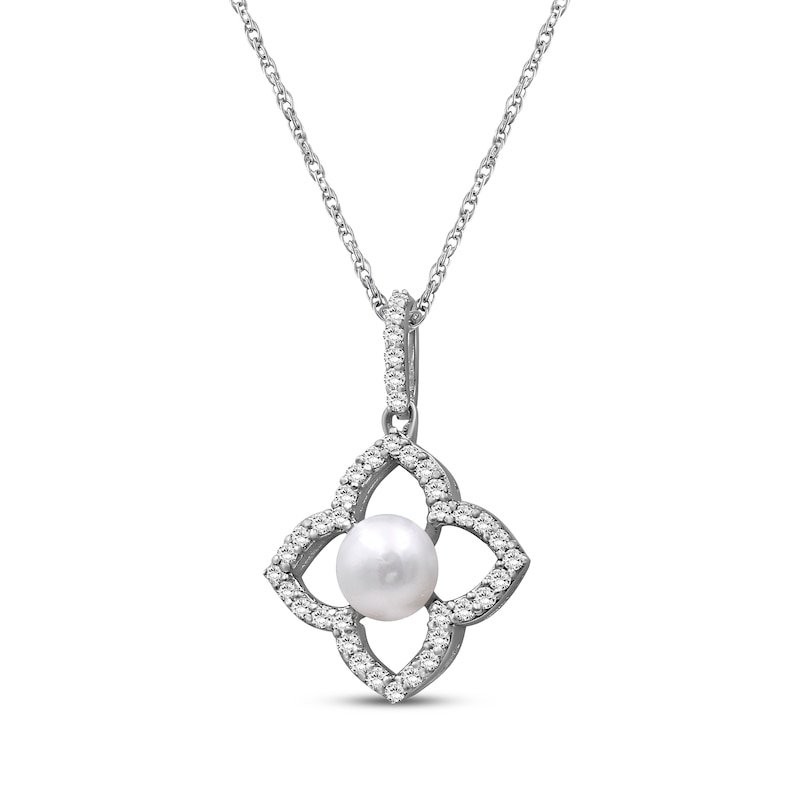 Main Image 2 of Cultured Pearl & White Lab-Created Sapphire Flower Frame Necklace Sterling Silver 18"