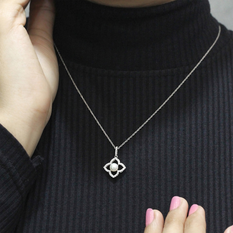 Main Image 4 of Cultured Pearl & White Lab-Created Sapphire Flower Frame Necklace Sterling Silver 18"