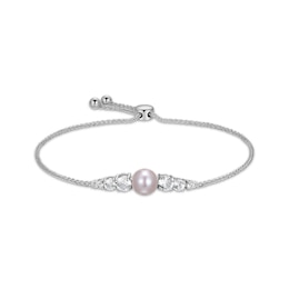 Cultured Pearl & White Lab-Created Sapphire Bolo Bracelet Sterling Silver