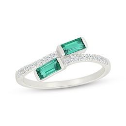 Baguette-Cut Lab-Created Emerald & White Lab-Created Sapphire Bypass Ring Sterling Silver