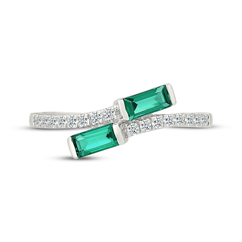 Main Image 4 of Baguette-Cut Lab-Created Emerald & White Lab-Created Sapphire Bypass Ring Sterling Silver