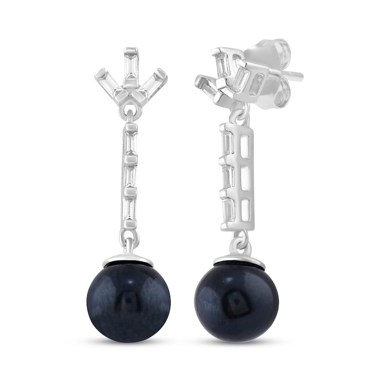 Main Image 1 of Black Cultured Pearl & White Lab-Created Sapphire Drop Earrings Sterling Silver