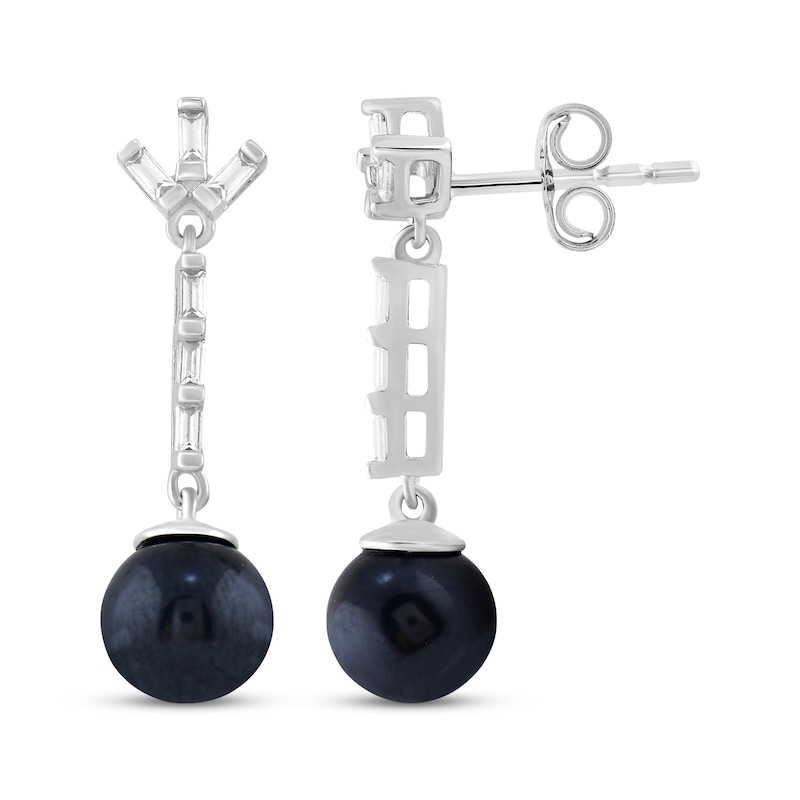 Main Image 3 of Black Cultured Pearl & White Lab-Created Sapphire Drop Earrings Sterling Silver