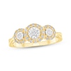 Thumbnail Image 1 of Adore Round-Cut Diamond Three-Stone Halo Engagement Ring 1/5 ct tw 10K Yellow Gold