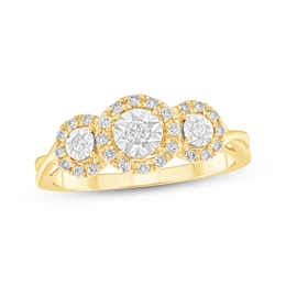Adore Round-Cut Diamond Three-Stone Halo Engagement Ring 1/5 ct tw 10K Yellow Gold
