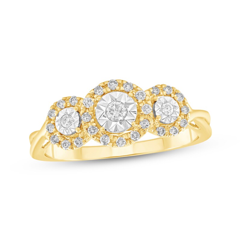 Main Image 1 of Adore Round-Cut Diamond Three-Stone Halo Engagement Ring 1/5 ct tw 10K Yellow Gold