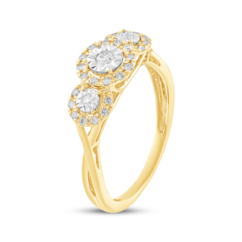 Main Image 2 of Adore Round-Cut Diamond Three-Stone Halo Engagement Ring 1/5 ct tw 10K Yellow Gold