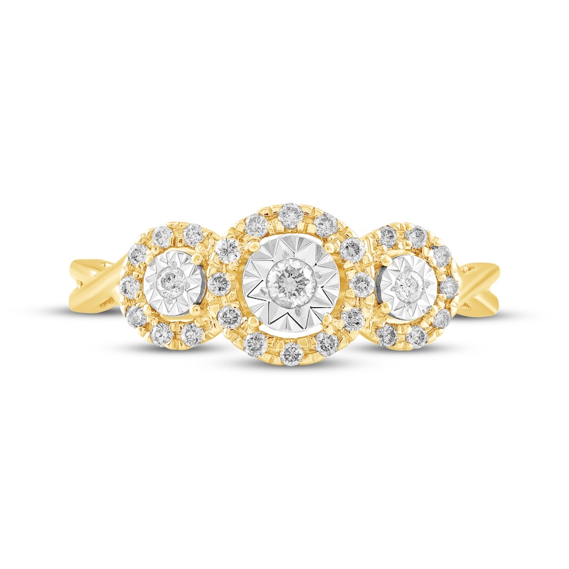 Main Image 3 of Adore Round-Cut Diamond Three-Stone Halo Engagement Ring 1/5 ct tw 10K Yellow Gold