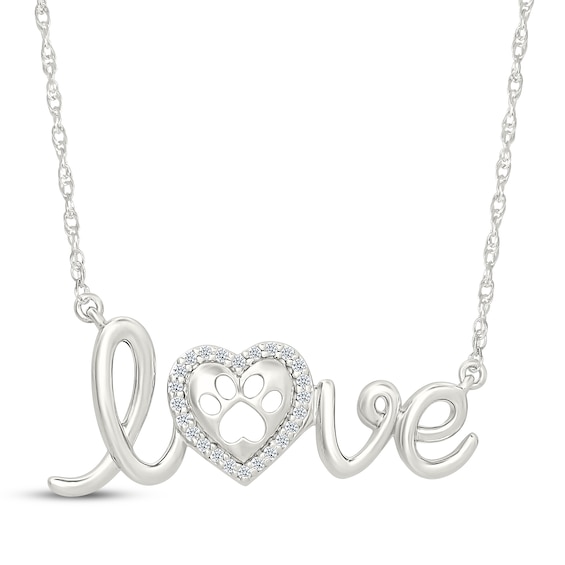 Diamond "Love" Paw Print Necklace 1/15 ct tw Sterling Silver 18"