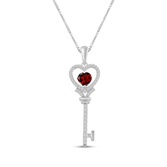 Heart-Shaped Garnet & White Lab-Created Sapphire Key Necklace Sterling Silver 18"