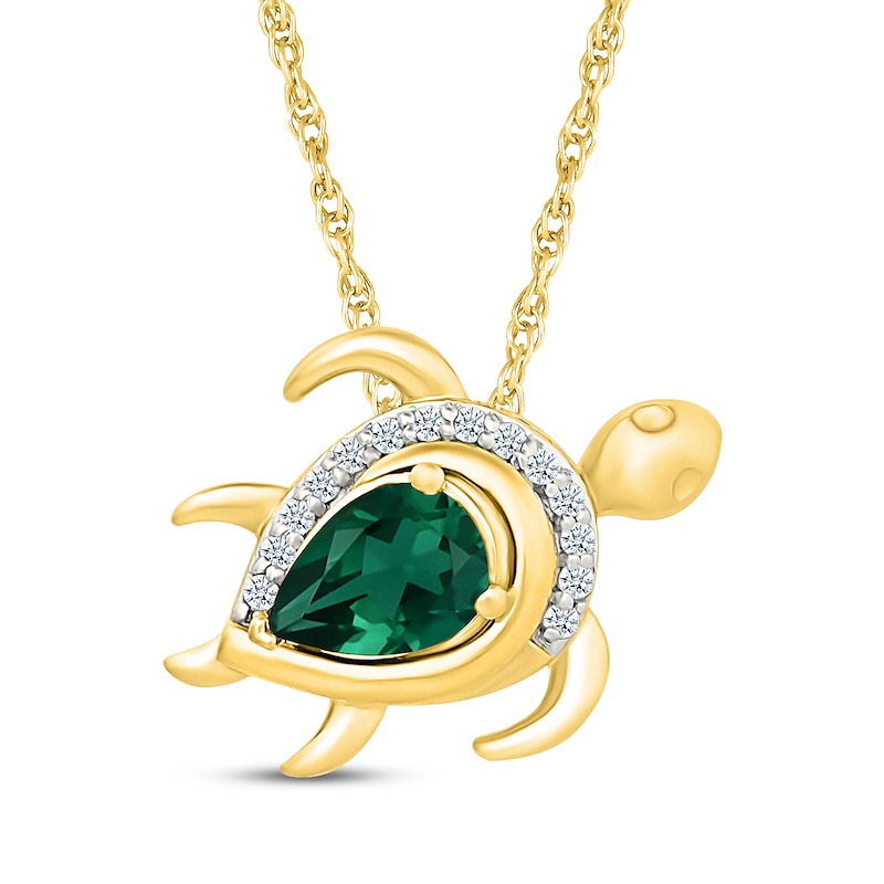 Main Image 1 of Pear-Shaped Lab-Created Emerald & White Lab-Created Sapphire Turtle Necklace 24K Yellow Gold Vermeil Sterling Silver 18"