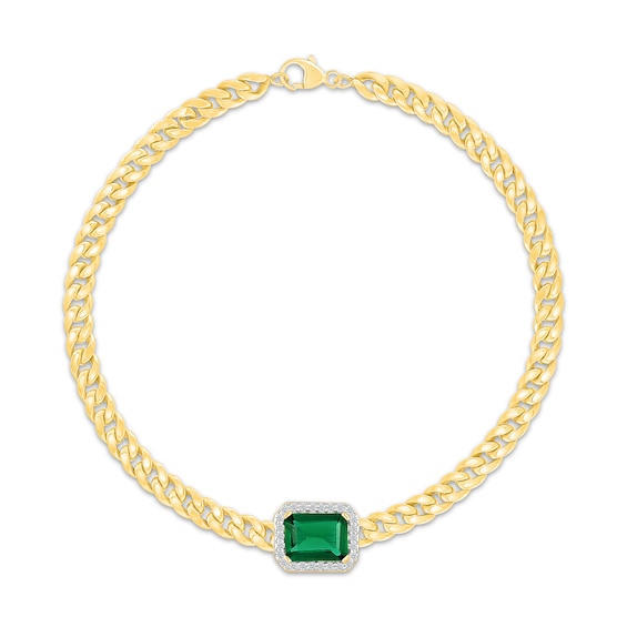 Emerald-Cut Lab-Created Emerald & White Lab-Created Sapphire Curb Chain Bracelet 24K Yellow Gold Vermeil Sterling Silver 7.5"