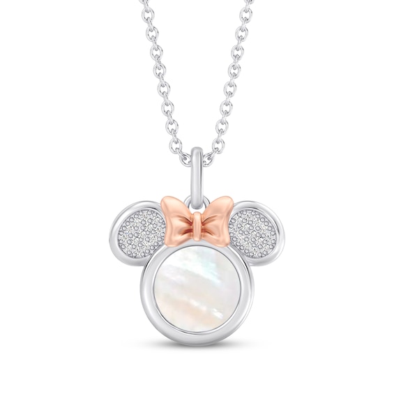 Disney Treasures Minnie Mouse Mother-of-Pearl & Diamond Necklace 1/15 ct tw Sterling Silver & 10K Rose Gold 19"