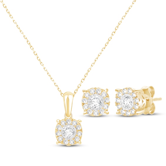 KAY Lab-Grown Diamonds Halo Necklace & Stud Earrings Gift Set 1/2 ct tw 24K Yellow Gold Vermeil Sterling Silver