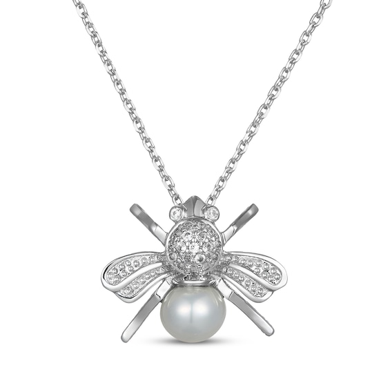 Cultured Pearl & White Lab-Created Sapphire Bee Necklace Sterling Silver 18"