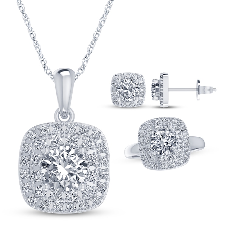 Main Image 1 of Round-Cut White Lab-Created Sapphire Cushion Frame Gift Set Sterling Silver