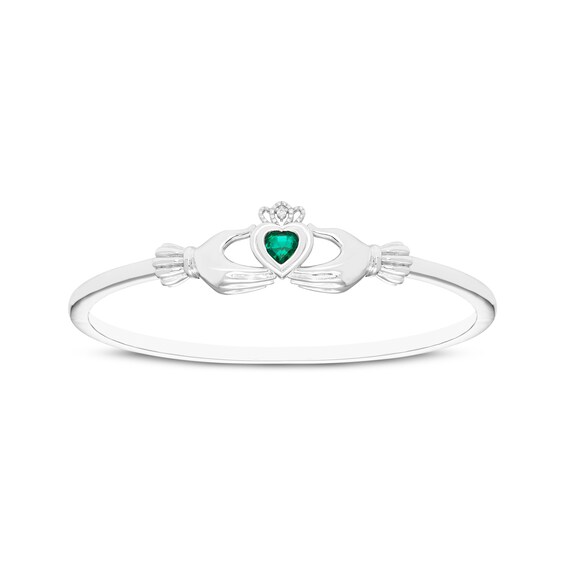 Heart-Shaped Lab-Created Emerald & White Lab-Created Sapphire Claddagh Bangle Bracelet Sterling Silver